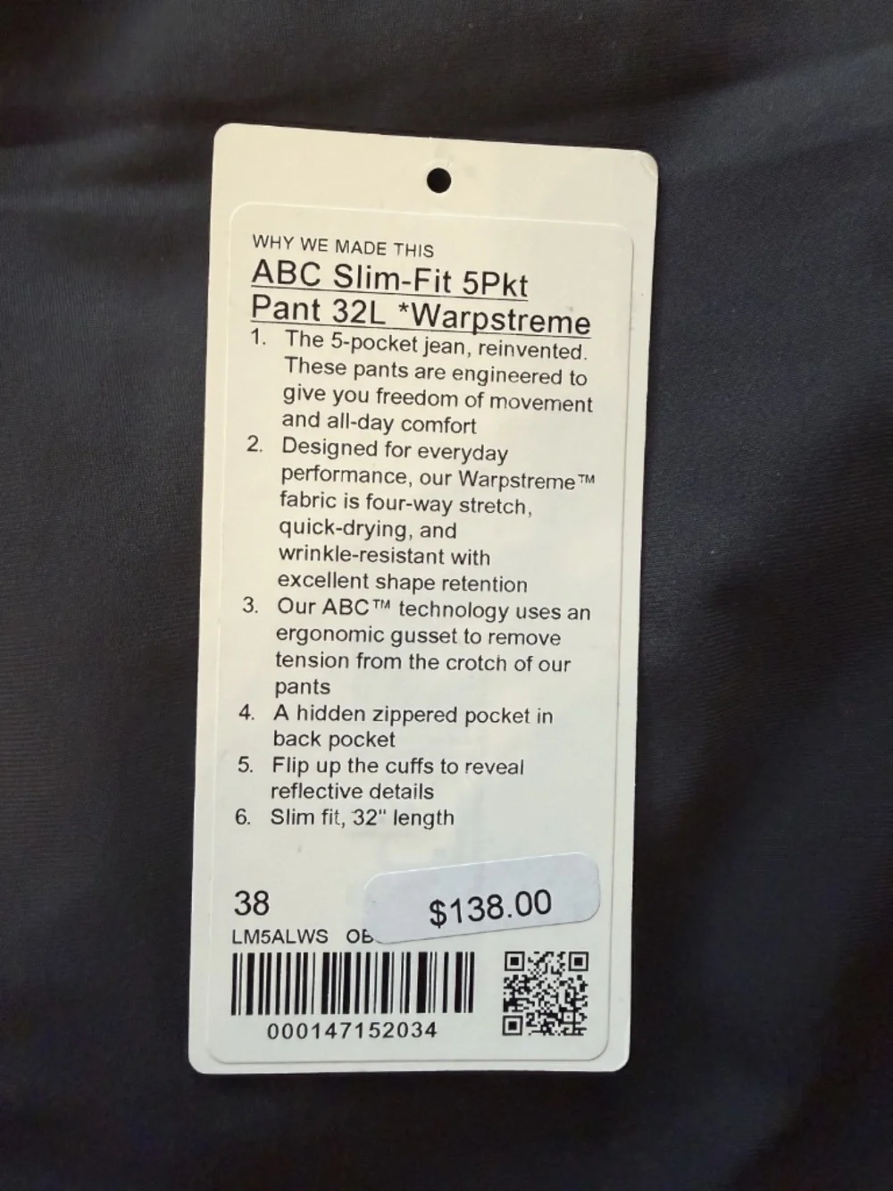 Lululemon ABC Slim-Fit 5 Pocket Pant 32L Warpstreme Black- Size 38 Mens NWOT